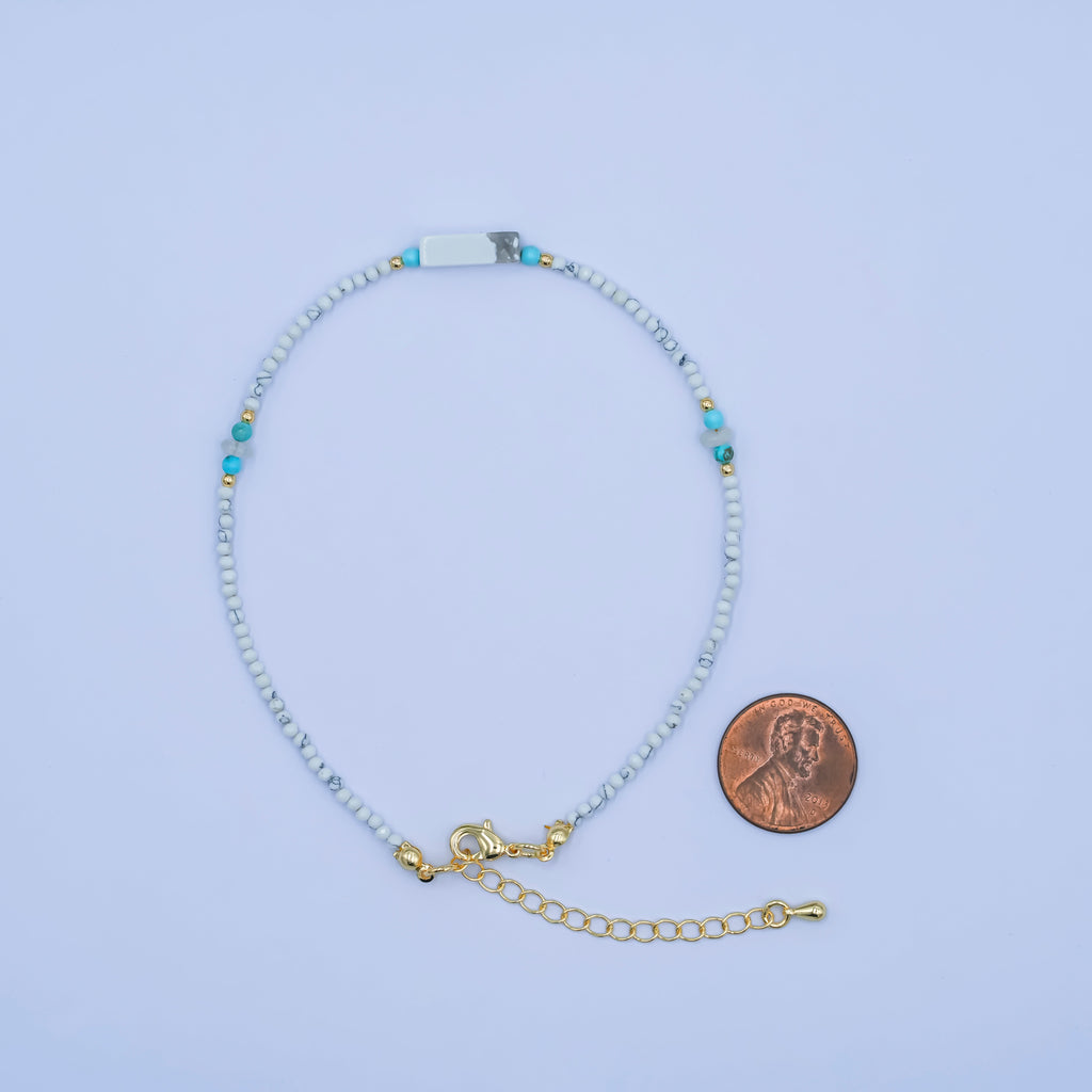 24K Gold plated 2mm Blue Turquoise Howlite Gemstone 9.5 Inch Anklet | WA-2952