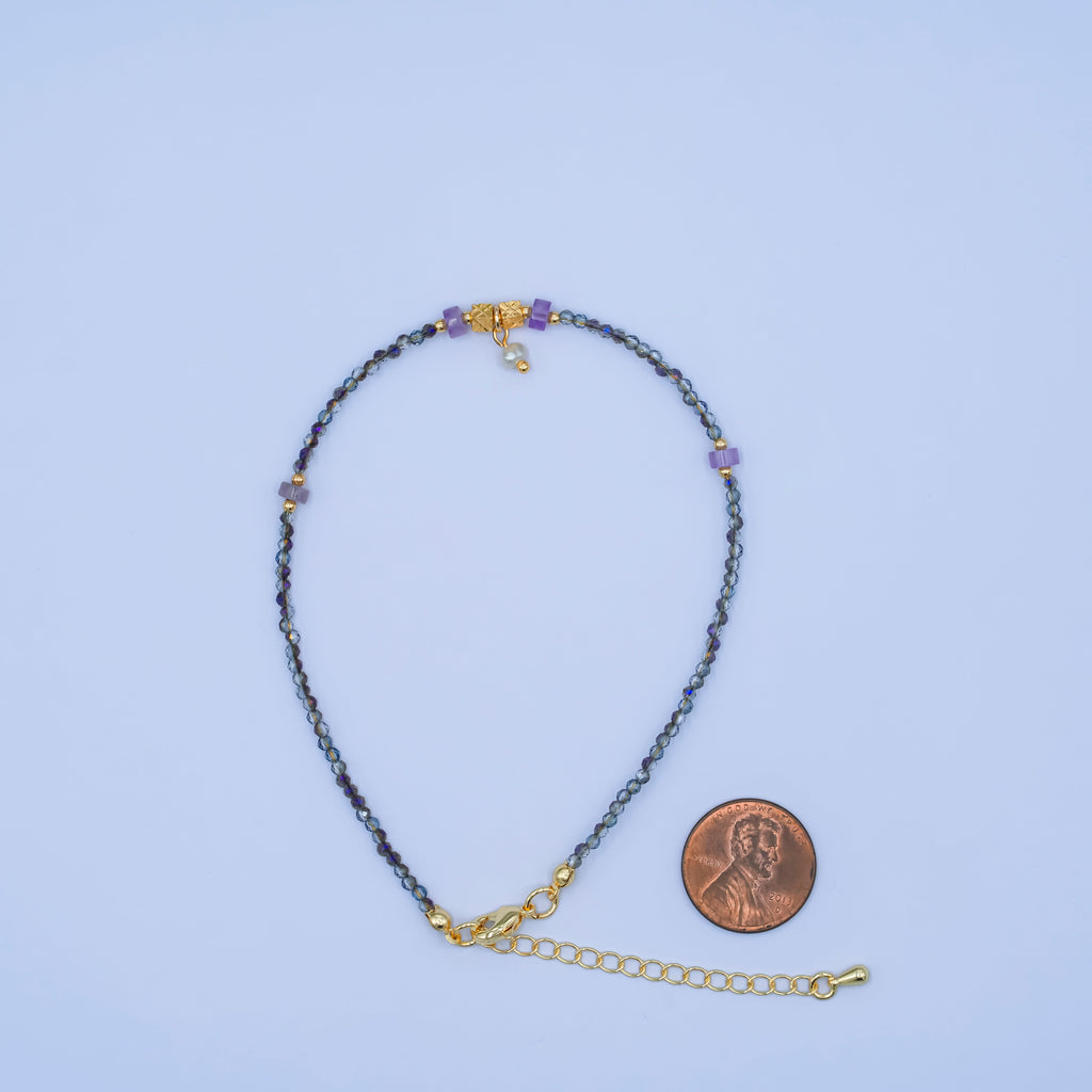 24K Gold plated 2mm Shell Pearl Dark Multifaceted Gemstone 9 Inch Anklet | WA-2953