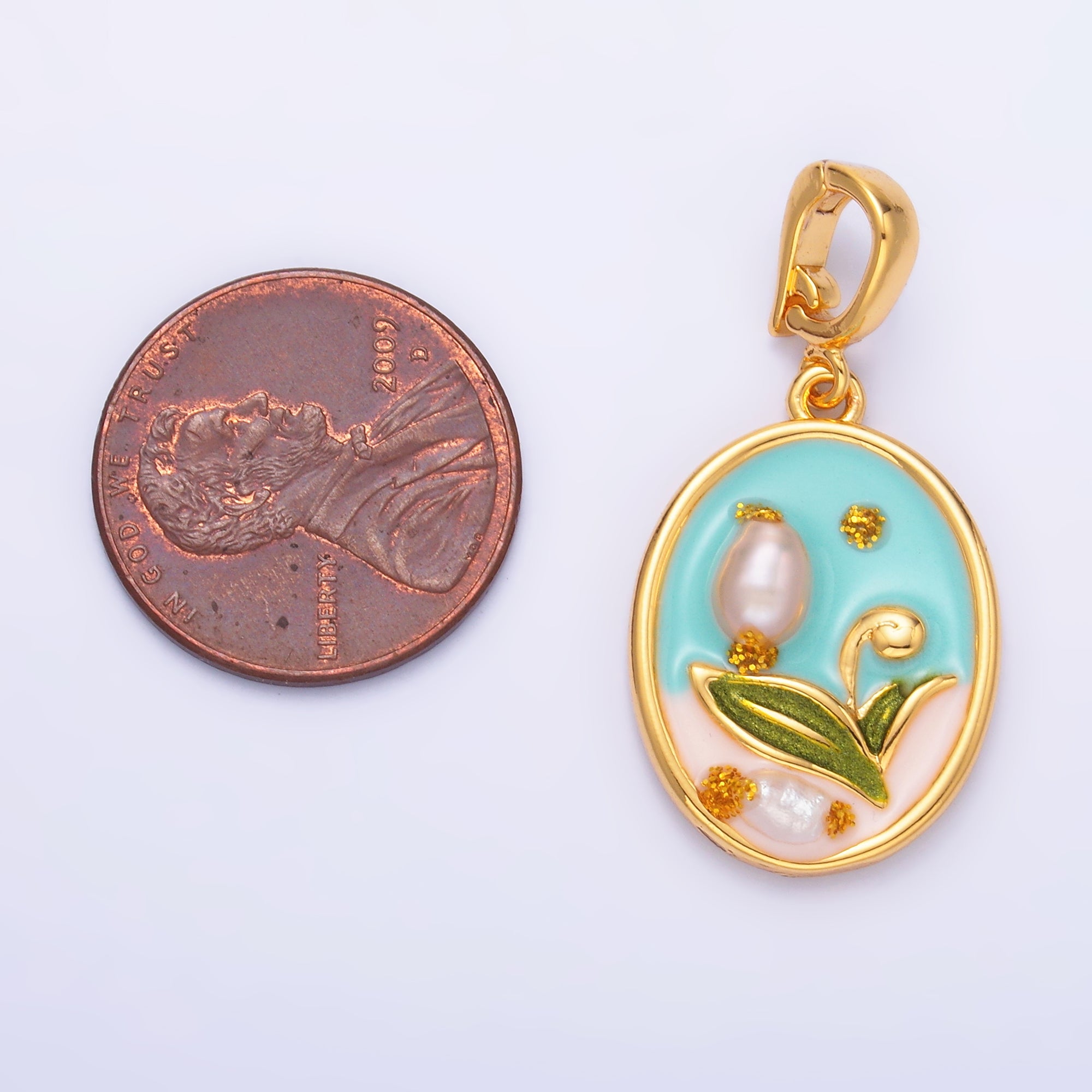 24K Gold plated Blue Tulip Flower With Pearl Snap Bail Pendant | AA1468