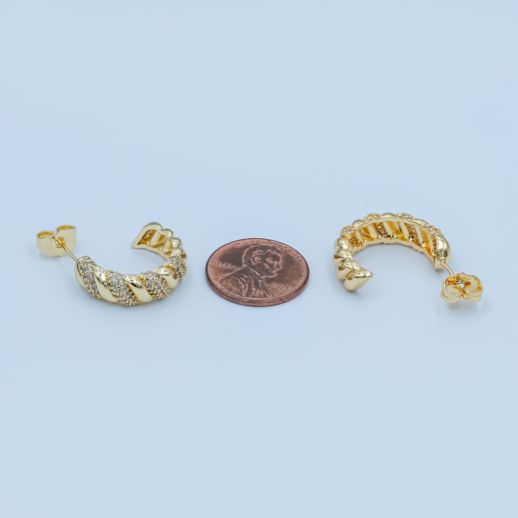24K Gold plated Micro Paved CZ Croissant C-Shaped Hoop Earrings | AE862