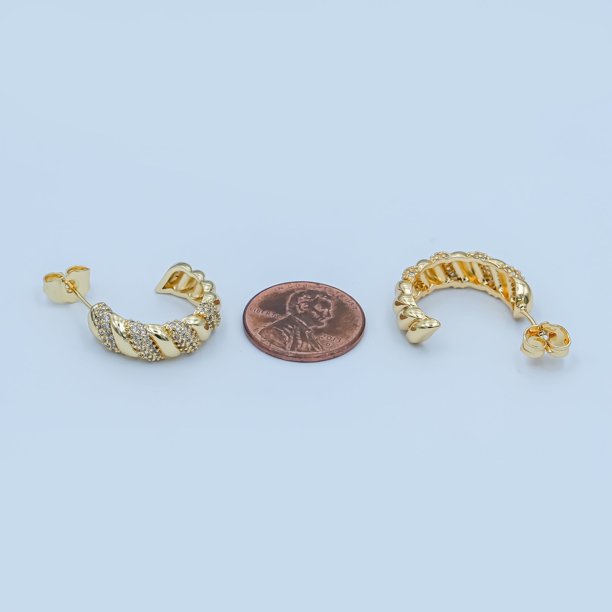 24K Gold plated Micro Paved CZ Croissant C-Shaped Hoop Earrings | AE862