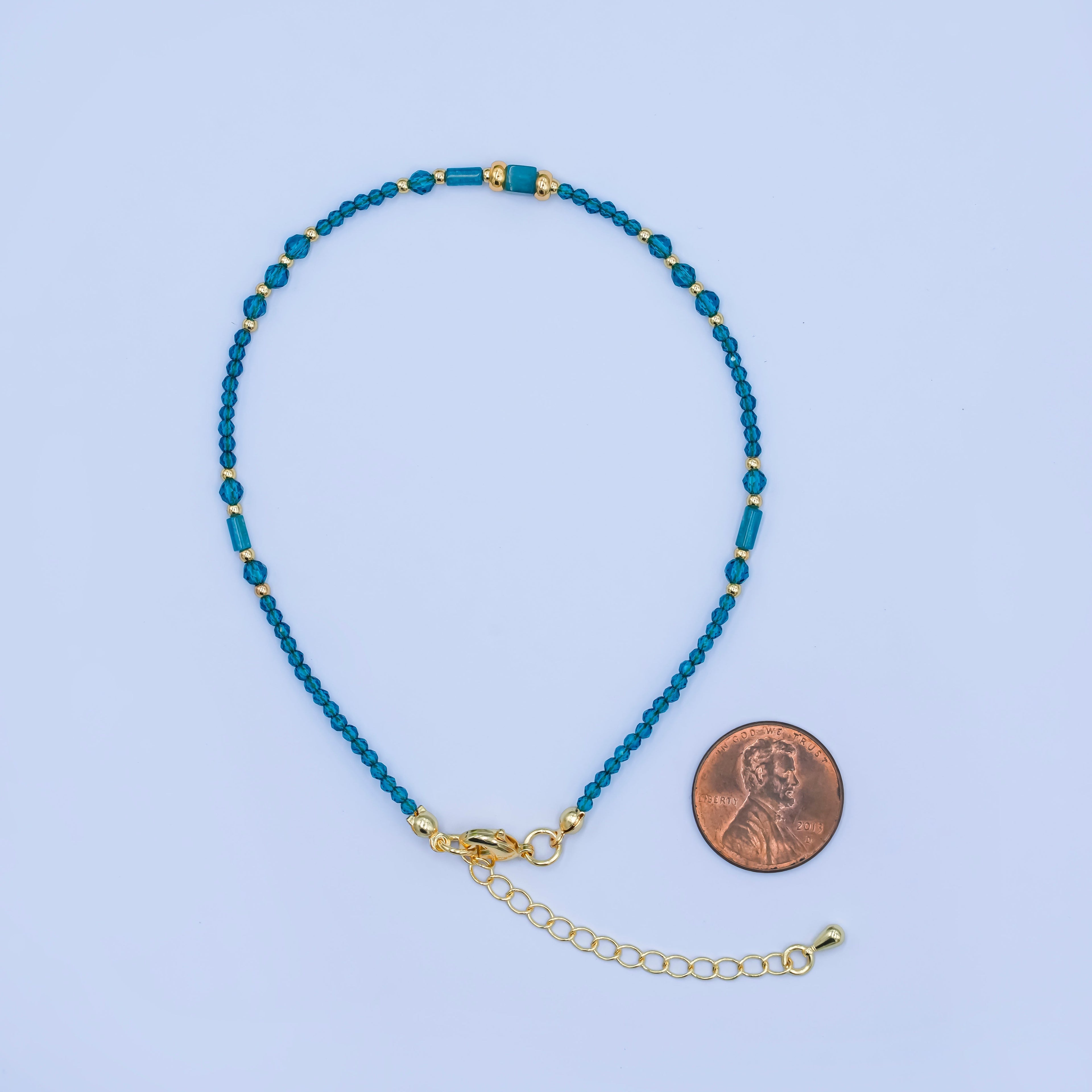 24K Gold plated 2mm Blue Multifaceted Gemstone 9 Inch Anklet Bracelet | WA-2947