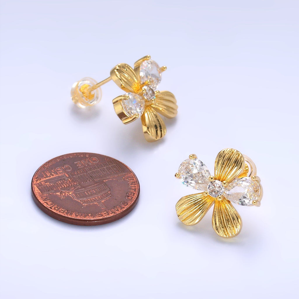 24K Gold plated CZ Flower Lined Stud Earrings | AB710