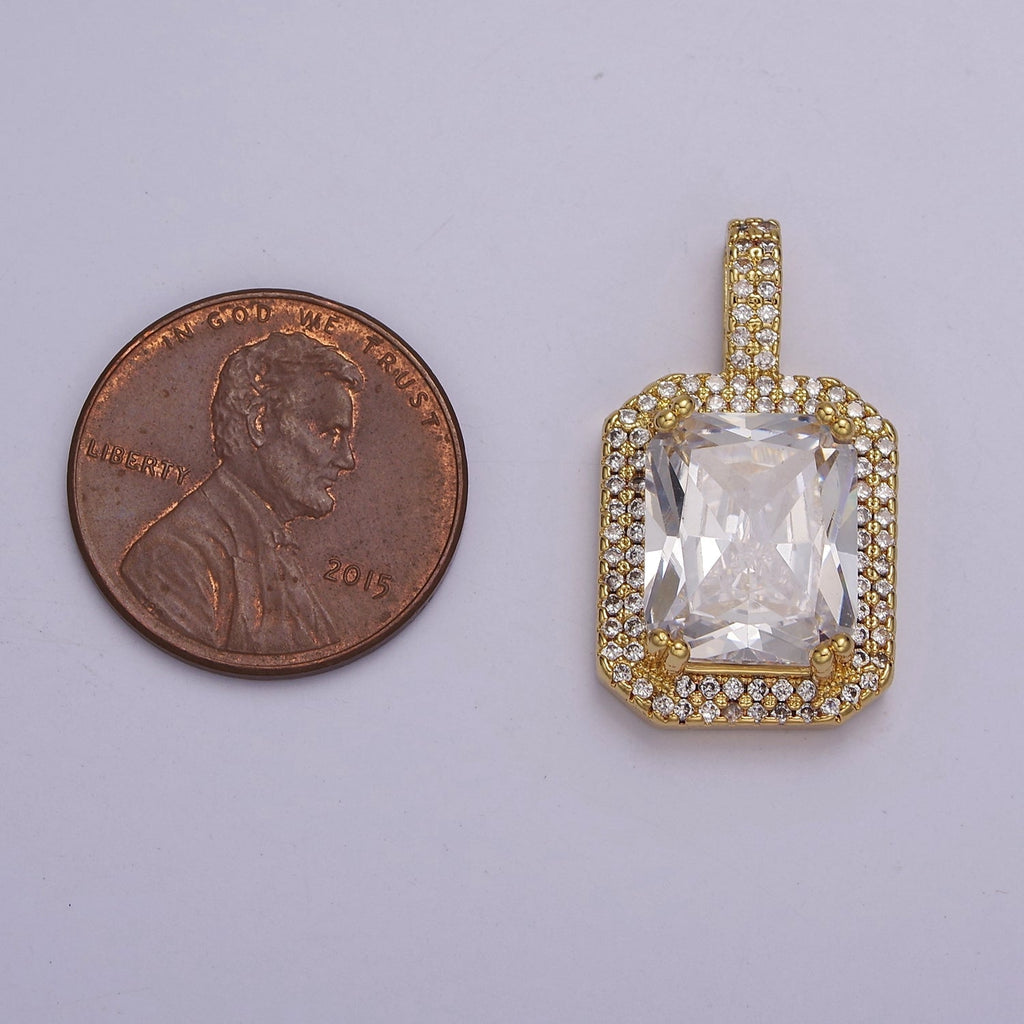 14k Gold plated Clear Emerald Cut CZ Pendant J-750 - DLUXCA