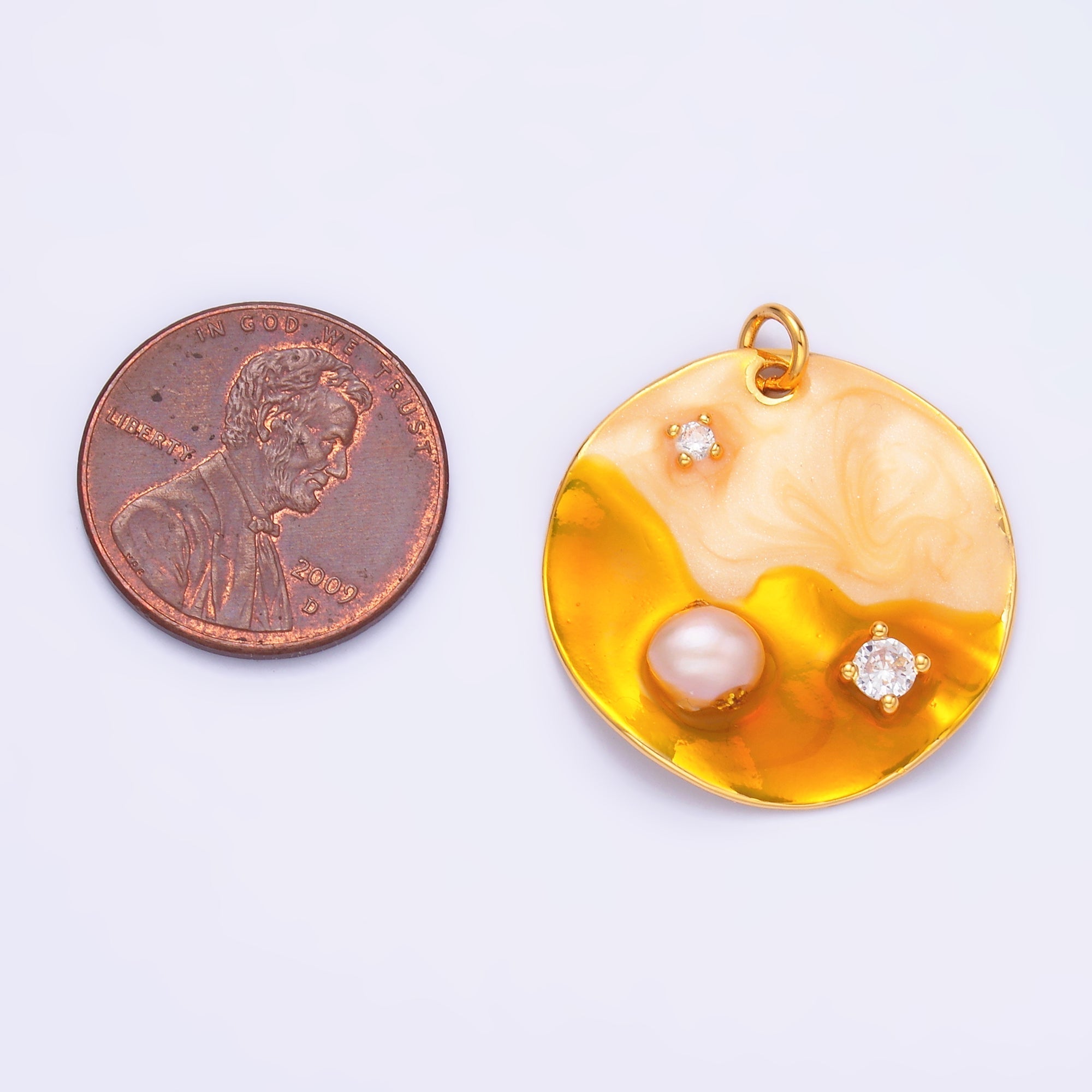 Yellow Gold Coin Charm enamel with pearl beads 24k Gold plated M-258