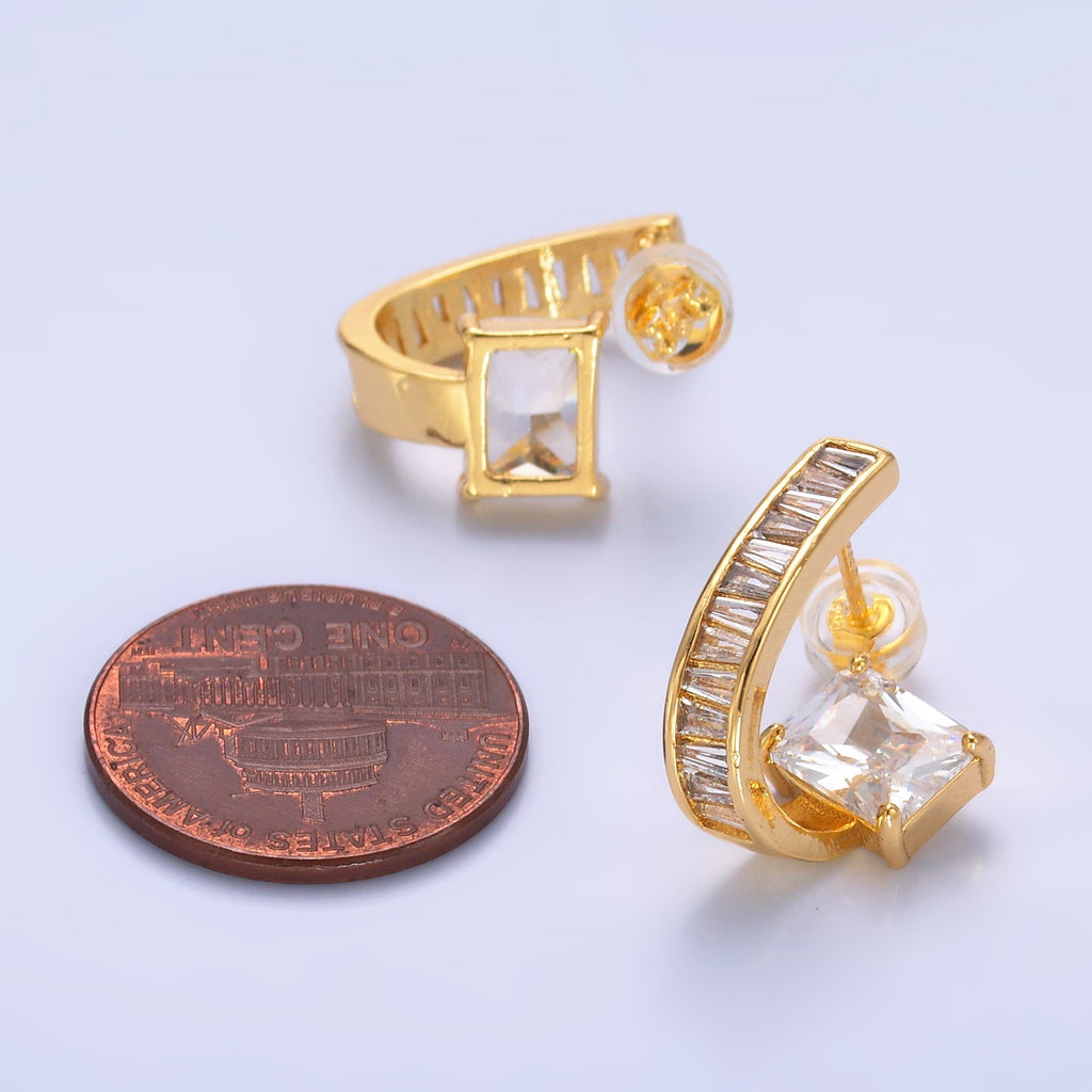 24K Gold plated Clear CZ Baguette J-Shaped Hoop Earrings | AB713