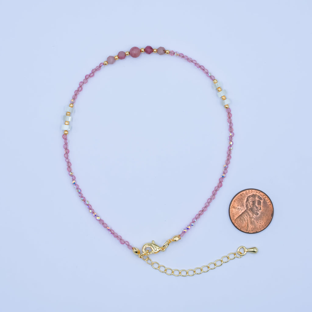 24K Gold plated 2mm Shell Pearl Pink Quartz Multifaceted Gemstone 9 Inch Anklet | WA-2945