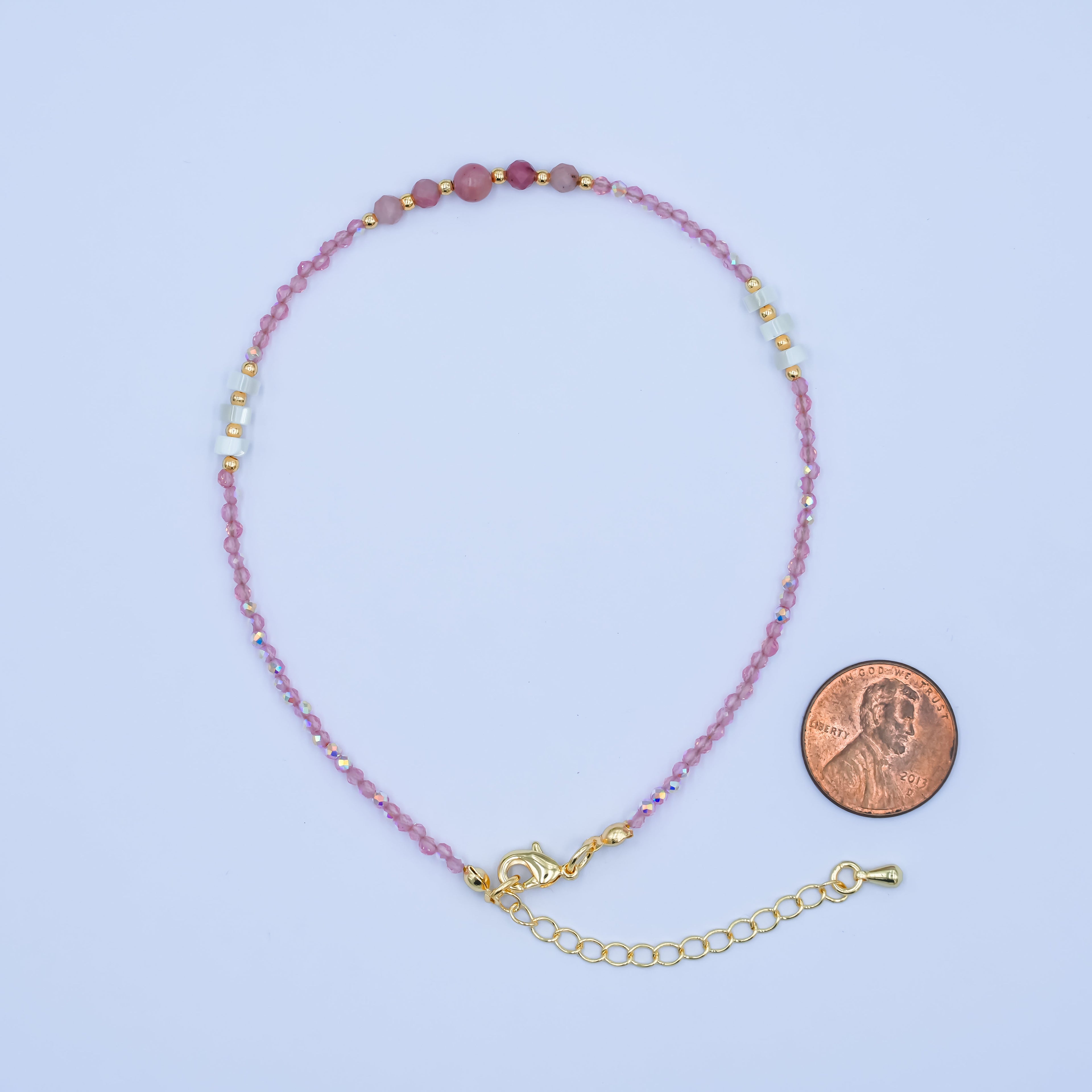 24K Gold plated 2mm Shell Pearl Pink Quartz Multifaceted Gemstone 9 Inch Anklet | WA-2945