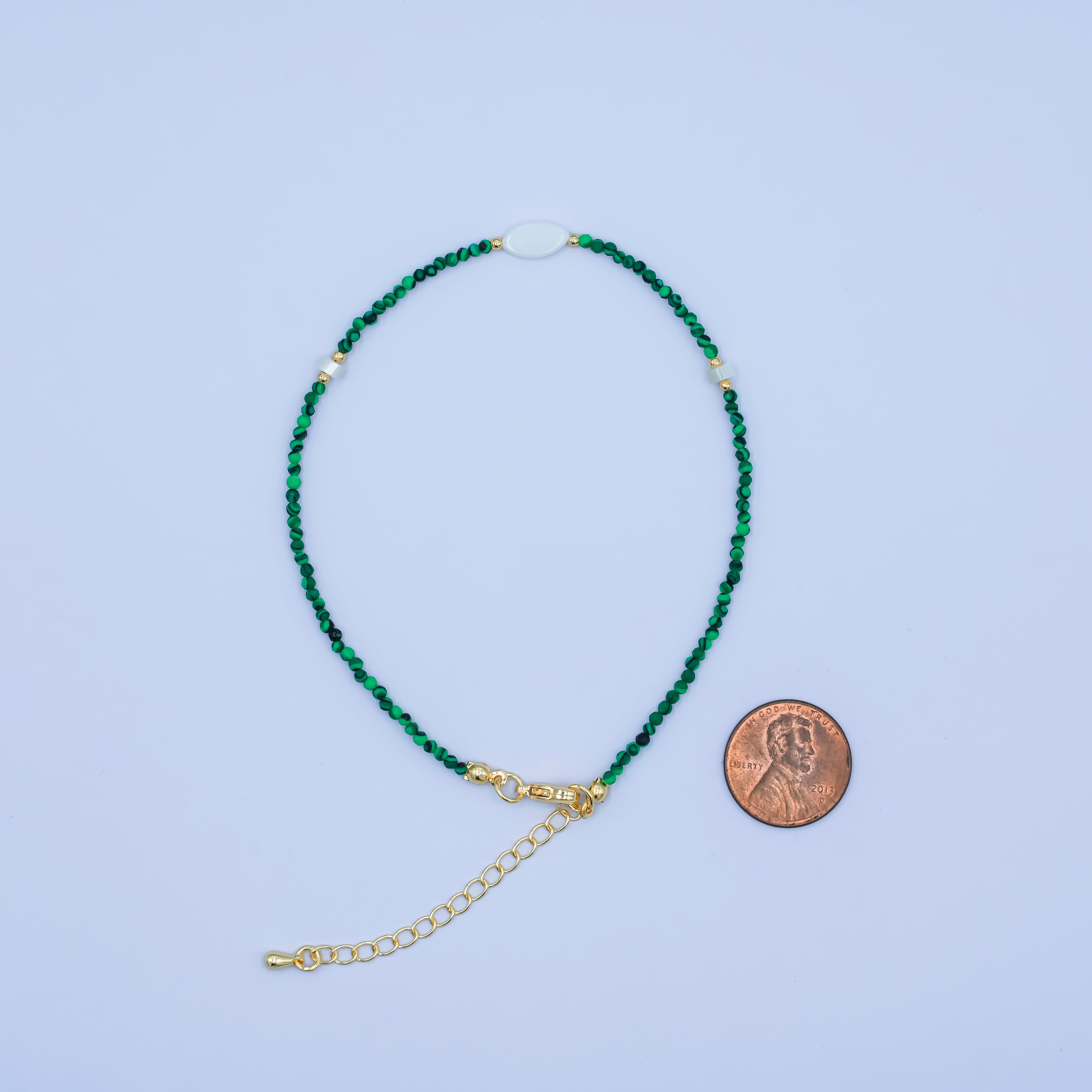 24K Gold plated 2mm Shell Pearl Malachite Multifaceted Gemstone 9 Inch Anklet Bracelet | WA-2946