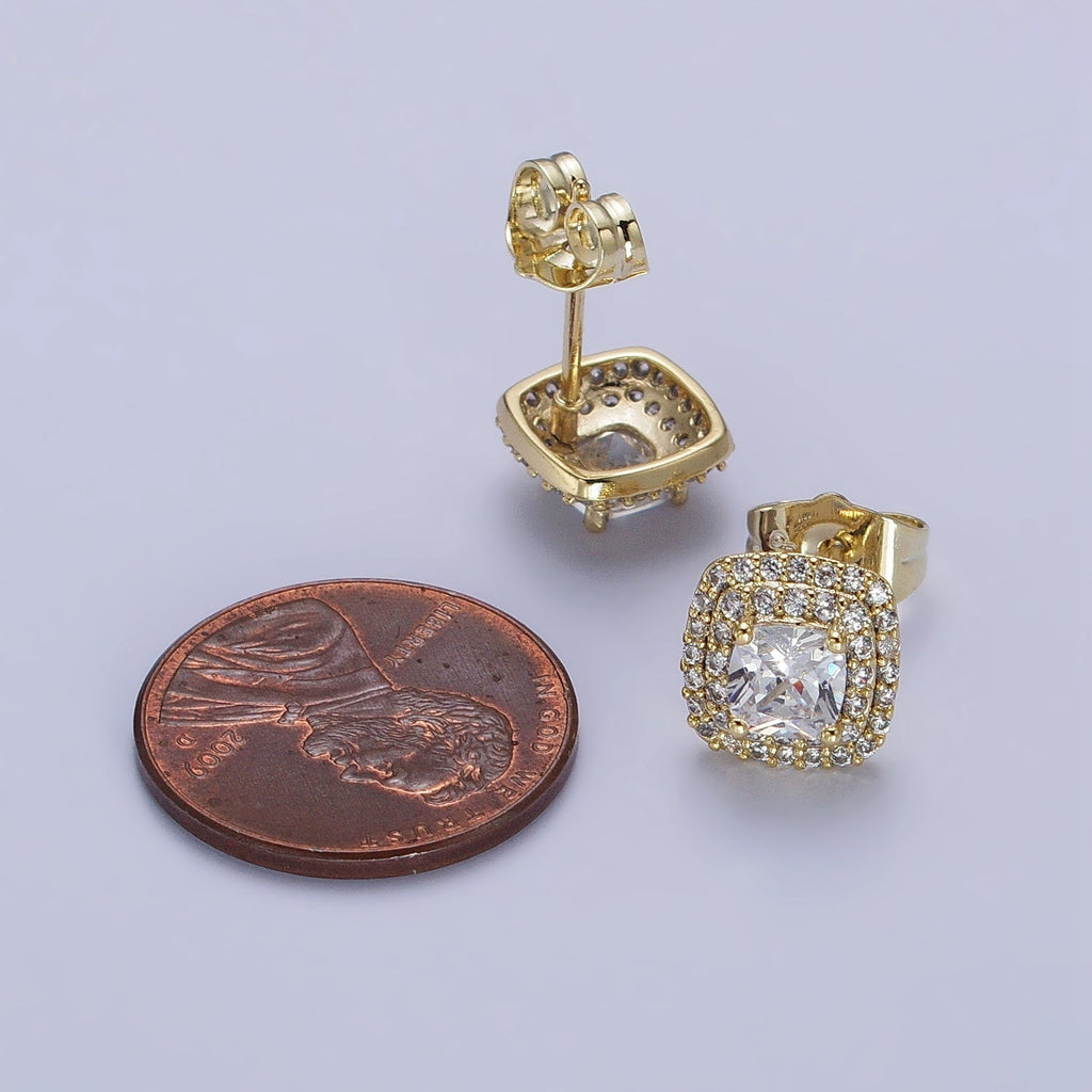 24K Gold plated Square Clear CZ Micro Paved Stud Rhombus Earrings | AB331 - DLUXCA