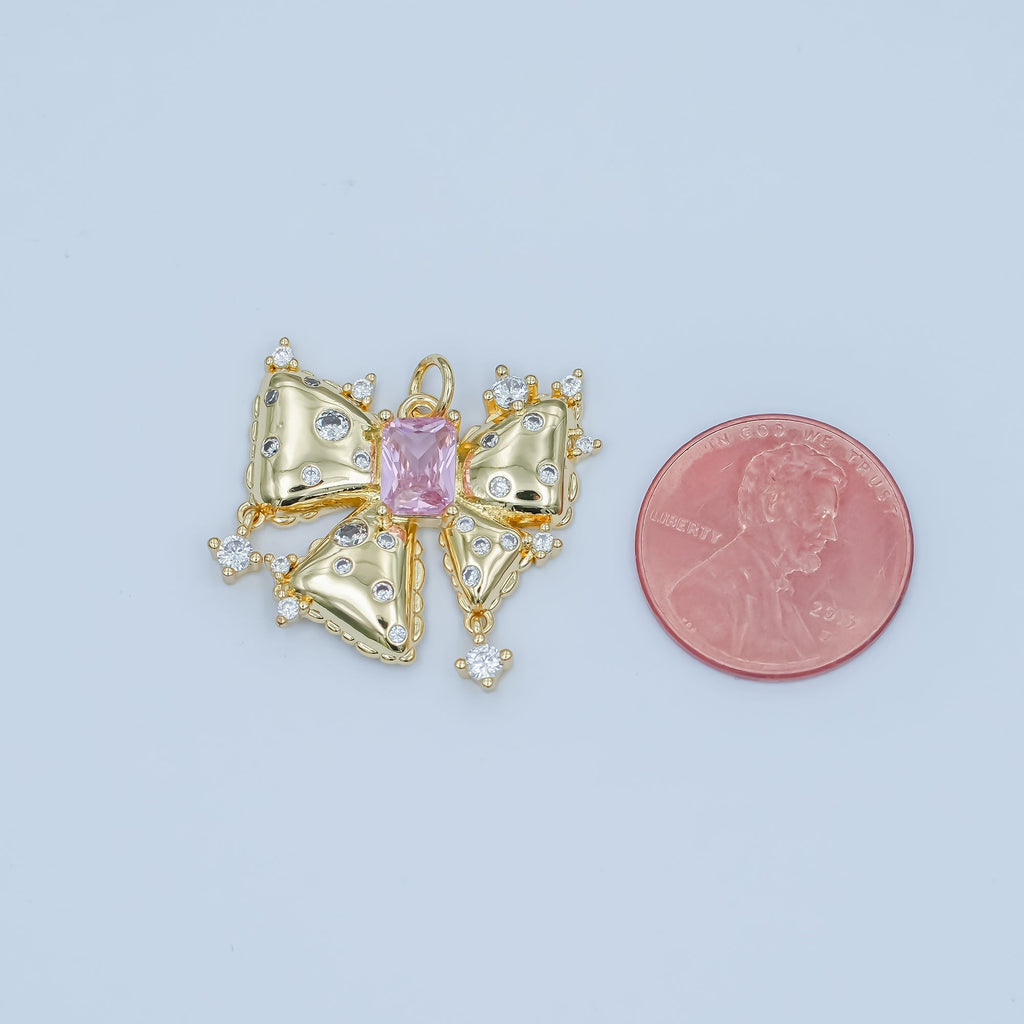 24K Gold plated Pink Baguette CZ Dotted Ribbon Bow Charm | N040