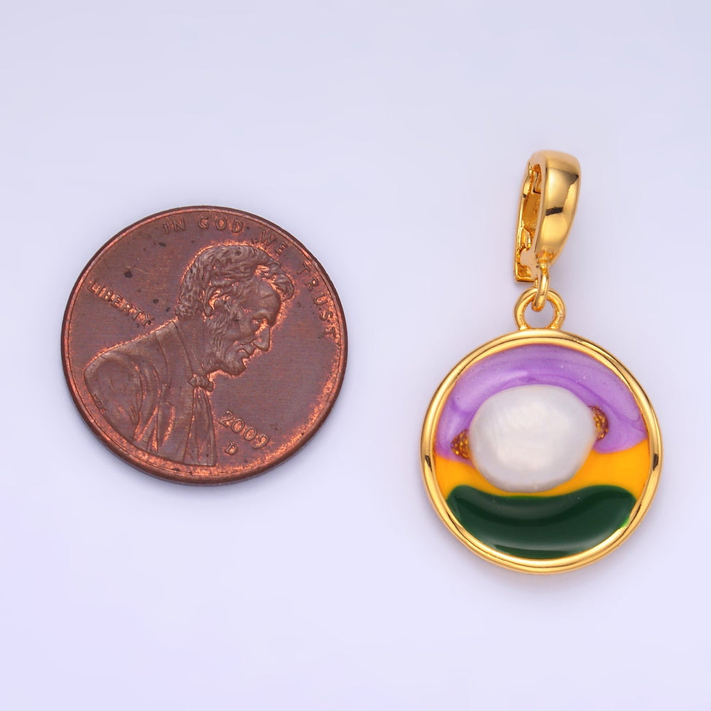 24K Gold plated Pearl Colorful Artsy Coin Charm with Snap Bail Pendant | AA-1469