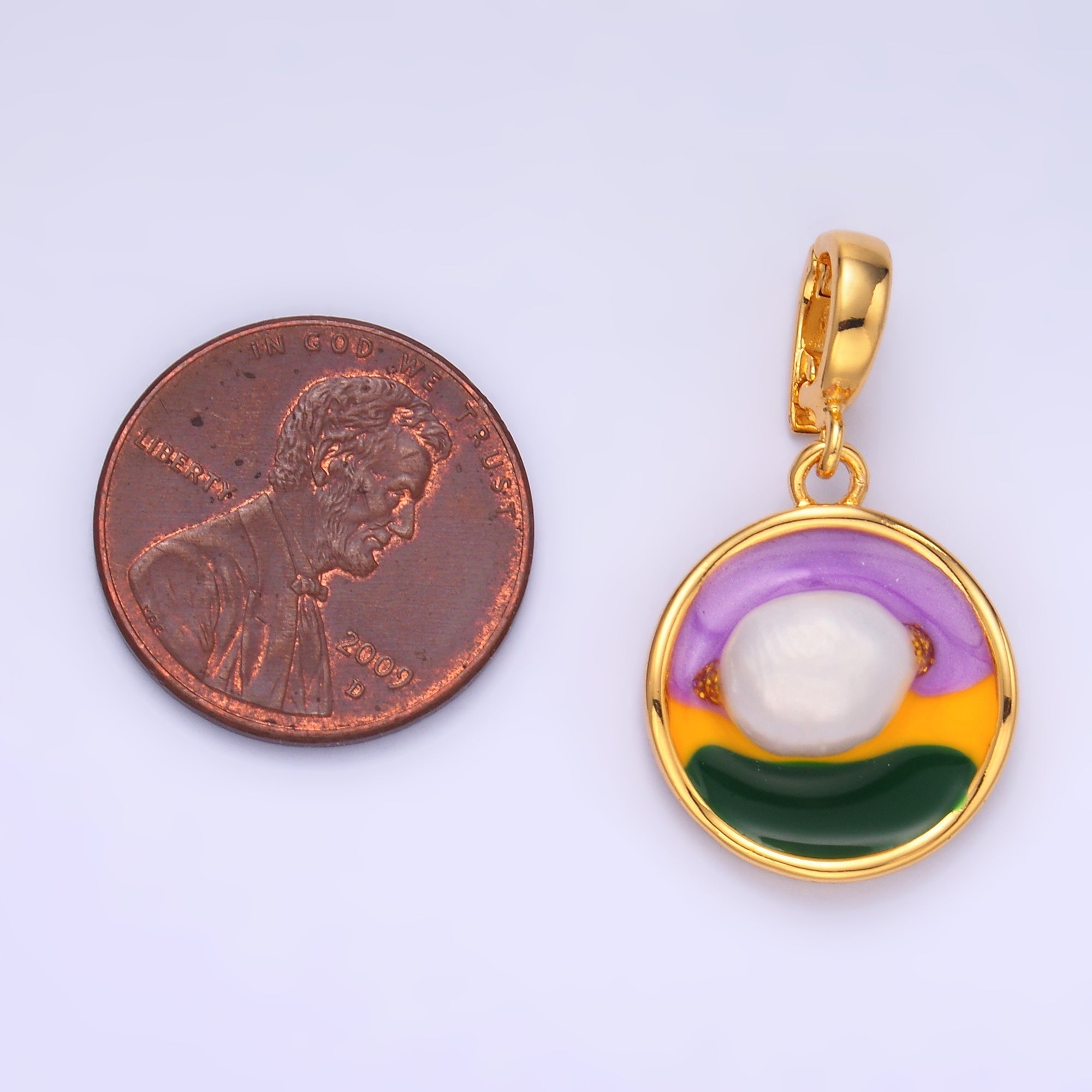 24K Gold plated Pearl Colorful Artsy Coin Charm with Snap Bail Pendant | AA-1469