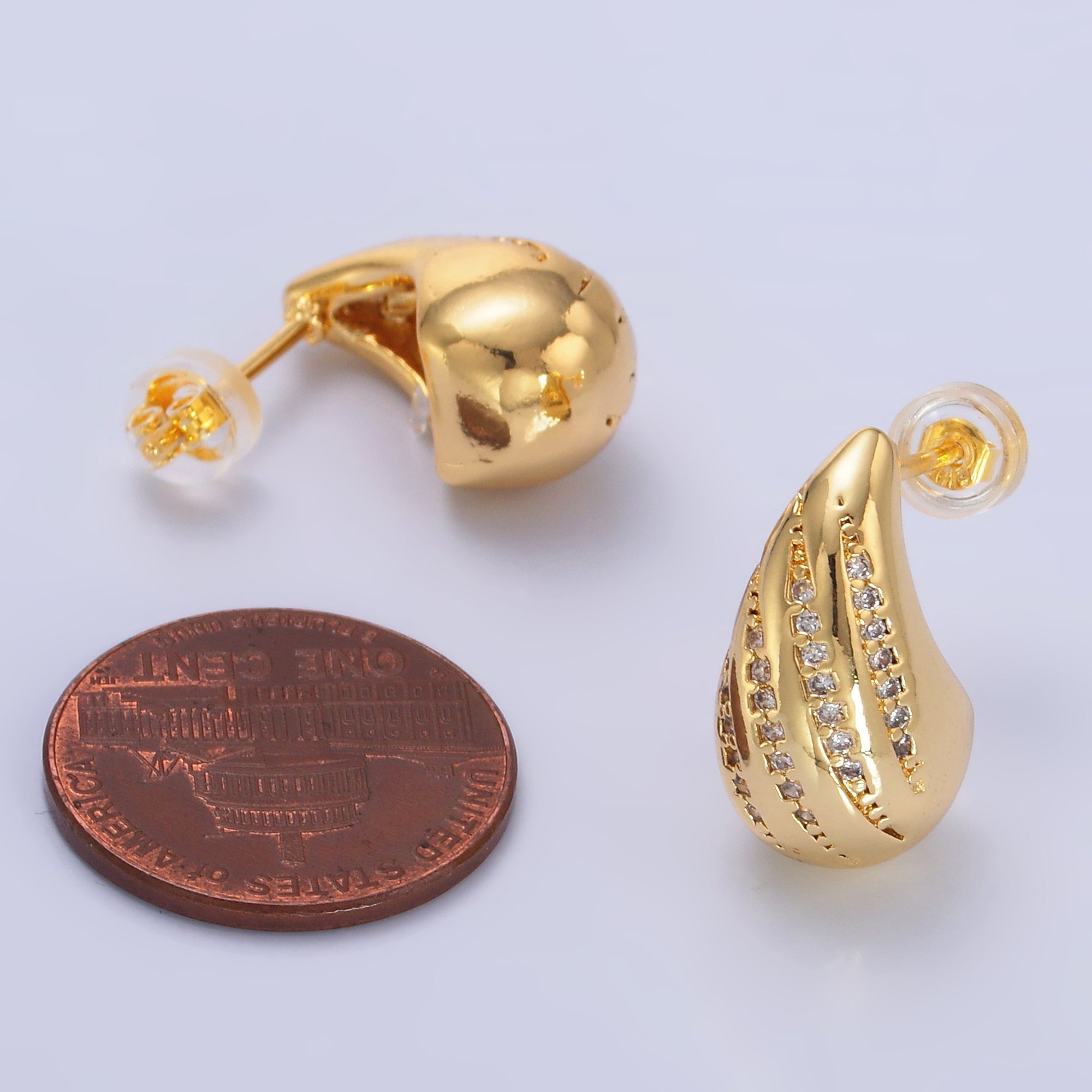 24K Gold plated Linear Micro Paved CZ Teardrop Dome Hoop Stud Earrings | AD212