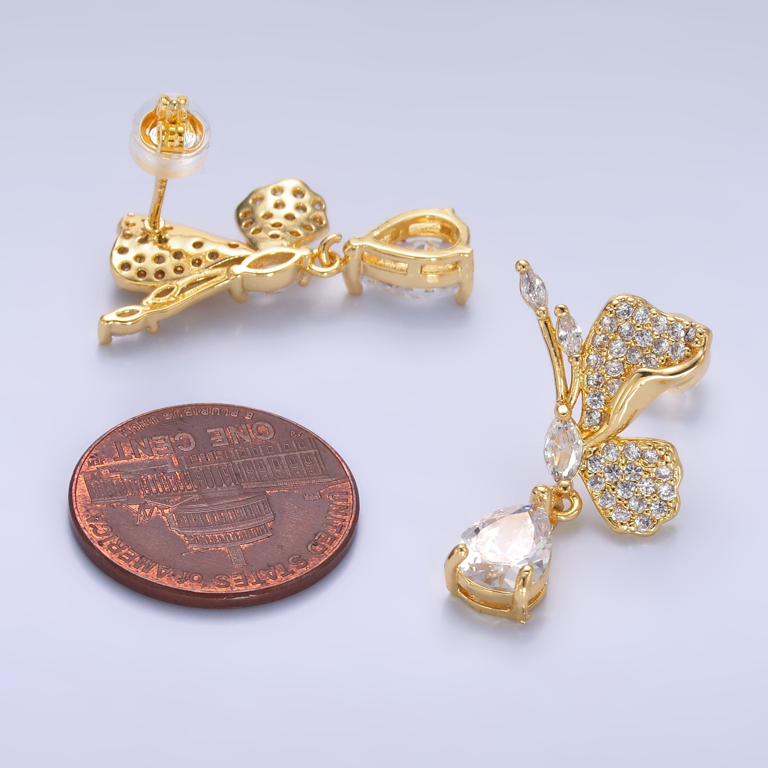 24K Gold plated Butterfly Micro Paved CZ Teardrop Drop Stud Earrings Set | AB711