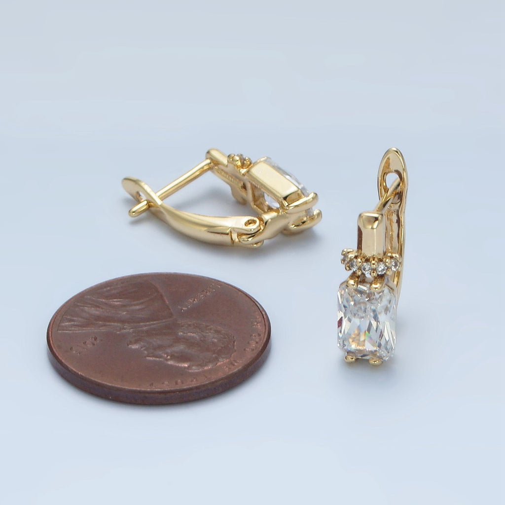 14K Gold plated Baguette CZ Micro Paved English Lock Hoop Earrings in Gold & Silver | AB1243 AB1244