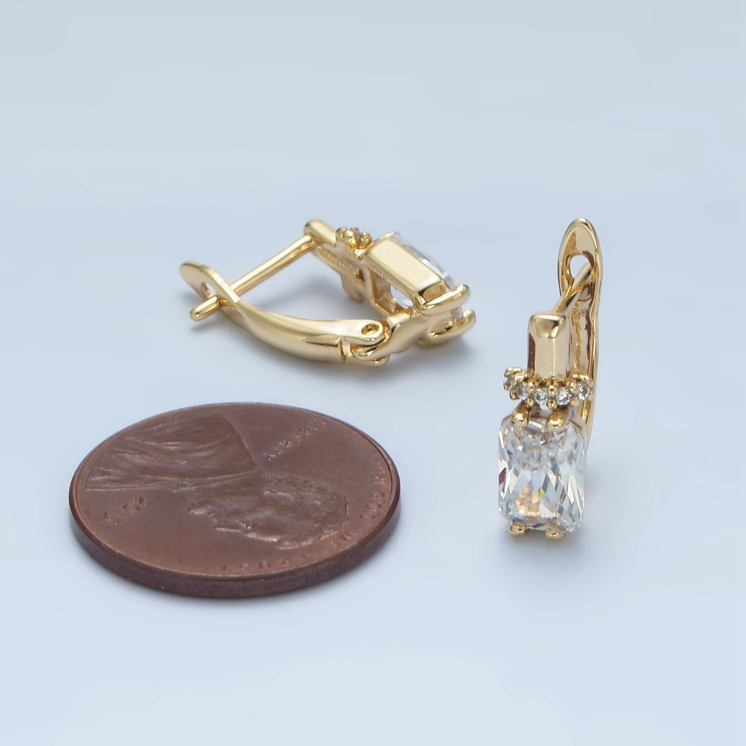 14K Gold plated Baguette CZ Micro Paved English Lock Hoop Earrings in Gold & Silver | AB1243 AB1244