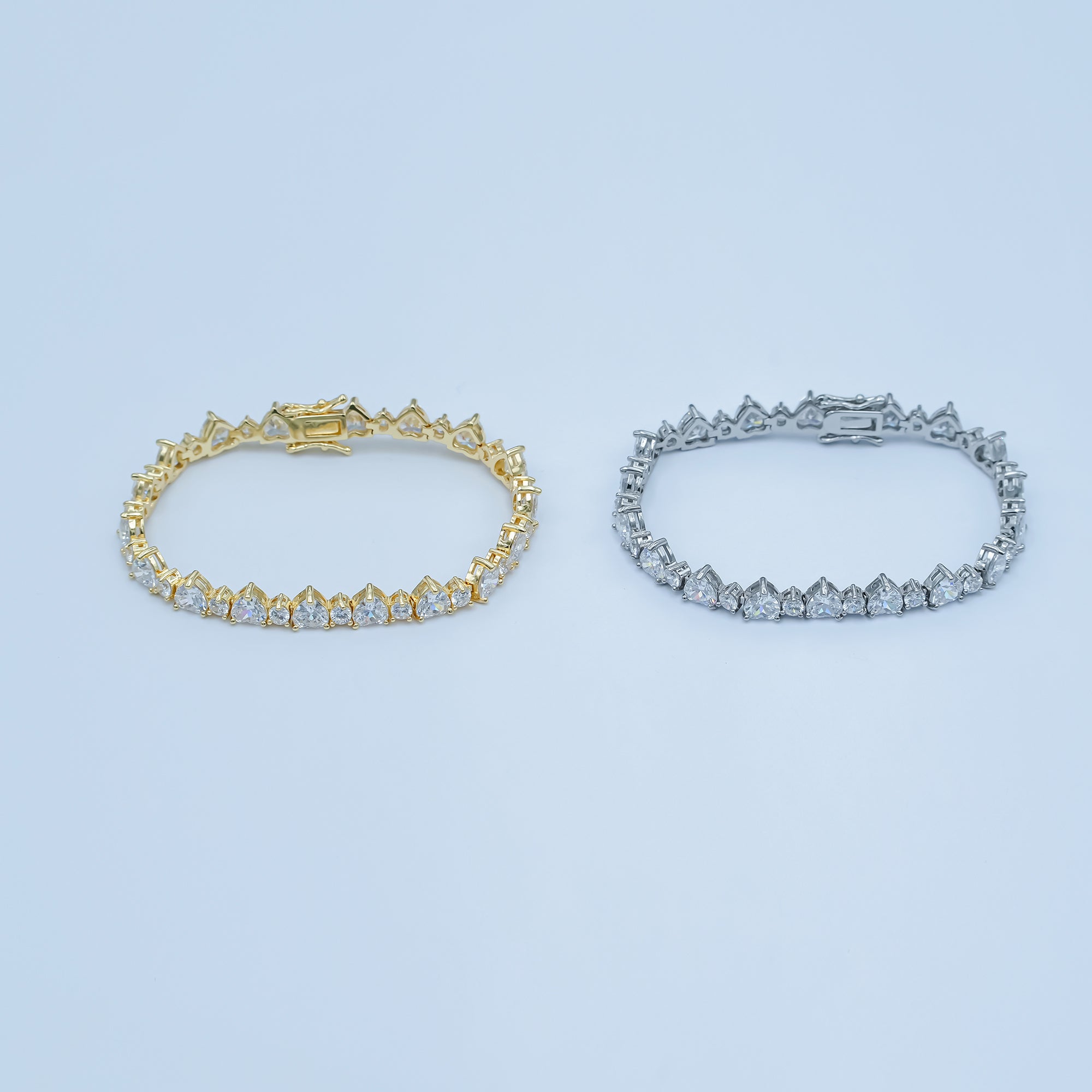 24K Gold plated Heart CZ Tennis Chain 7 Inch Bracelet in Gold & Silver | WA-2859 WA-2860
