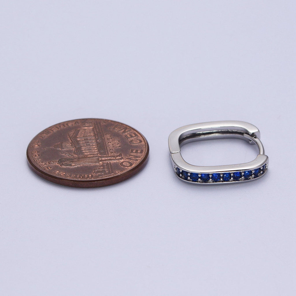 White Gold plated Blue Micro Paved CZ Lined Silver Square Huggie Earrings | P499 - DLUXCA