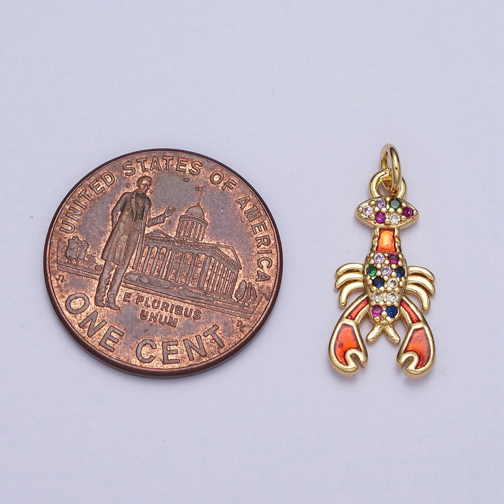 Multicolor Micro Pave Cubic Zirconia Orange Red Lobster Ocean Wildlife Gold Charm For Jewelry Making | G211 - DLUXCA