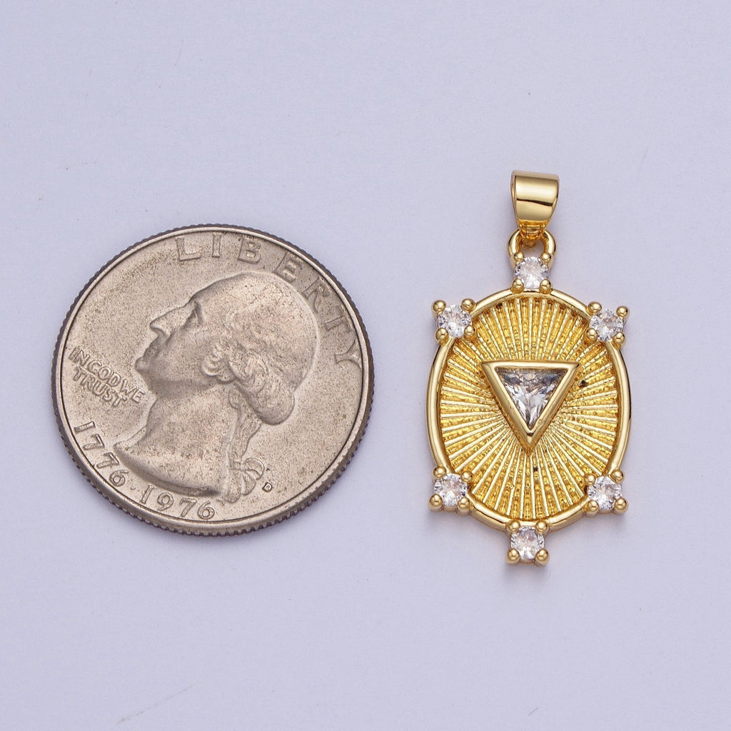 Gold CZ Sunburst Oval Pendant, Gold Clear Micro Paved Triangle Cut Center CZ Sunburst Shining Patterned Oval Medallion Charm | X-540 - DLUXCA