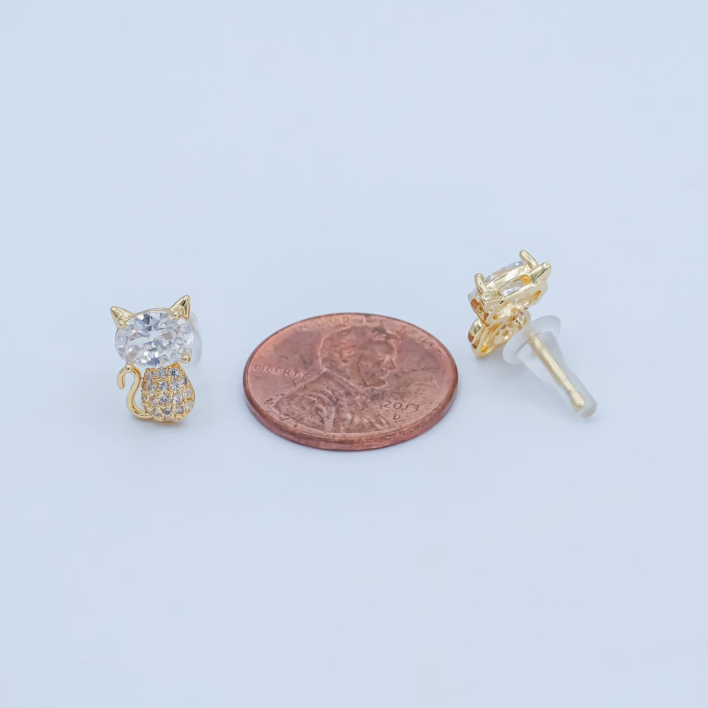 24K Gold Plated Micro Paved CZ Kitten Cat Stud Earrings Set in Gold & Silver | AB222 AB223