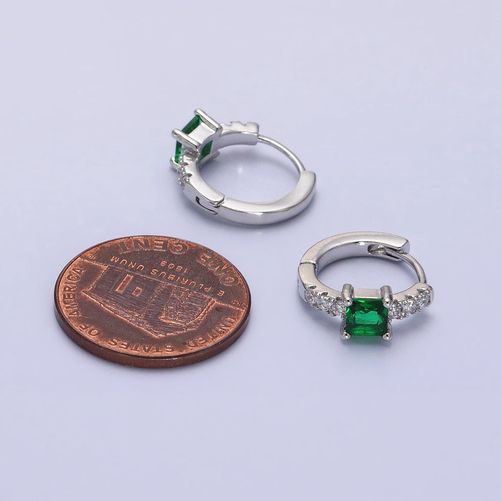 16K Gold plated Emerald Green Square CZ Micro Paved Cartilage Huggie Earrings in Gold & Silver | AB815 AB657