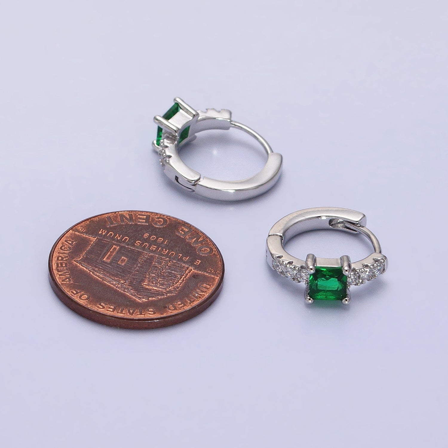 16K Gold plated Emerald Green Square CZ Micro Paved Cartilage Huggie Earrings in Gold & Silver | AB815 AB657