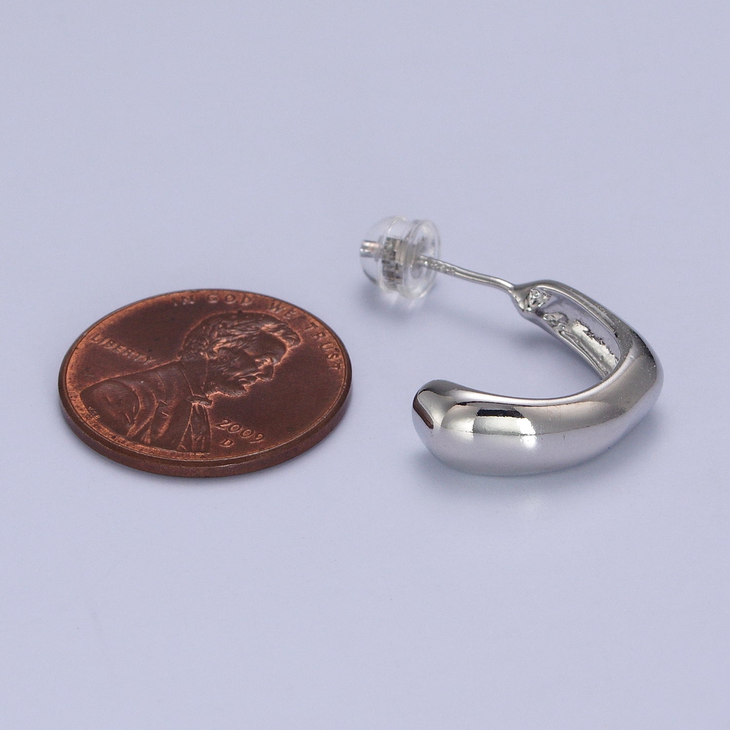 Mini Geometric Curved 17mm C-Shaped Silver Hoop Earrings | AB211 - DLUXCA