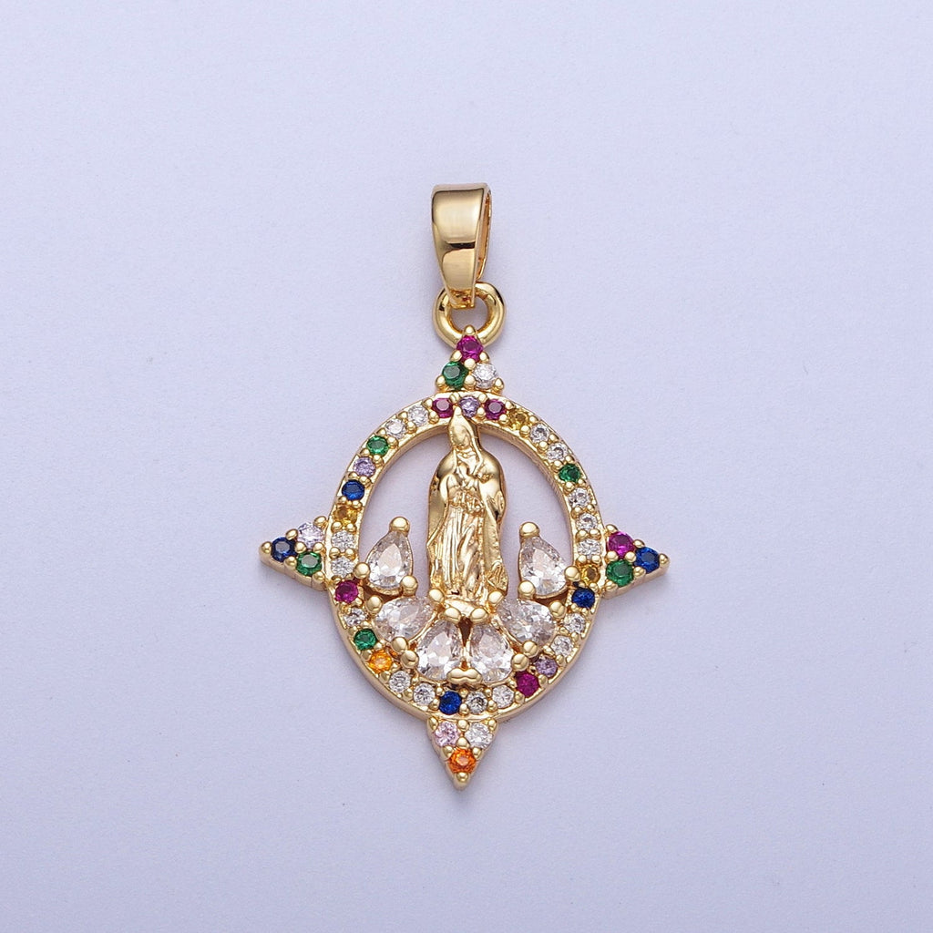 Micro Paved CZ Open Oval Geometric Mother Mary Religious Pendant | H001