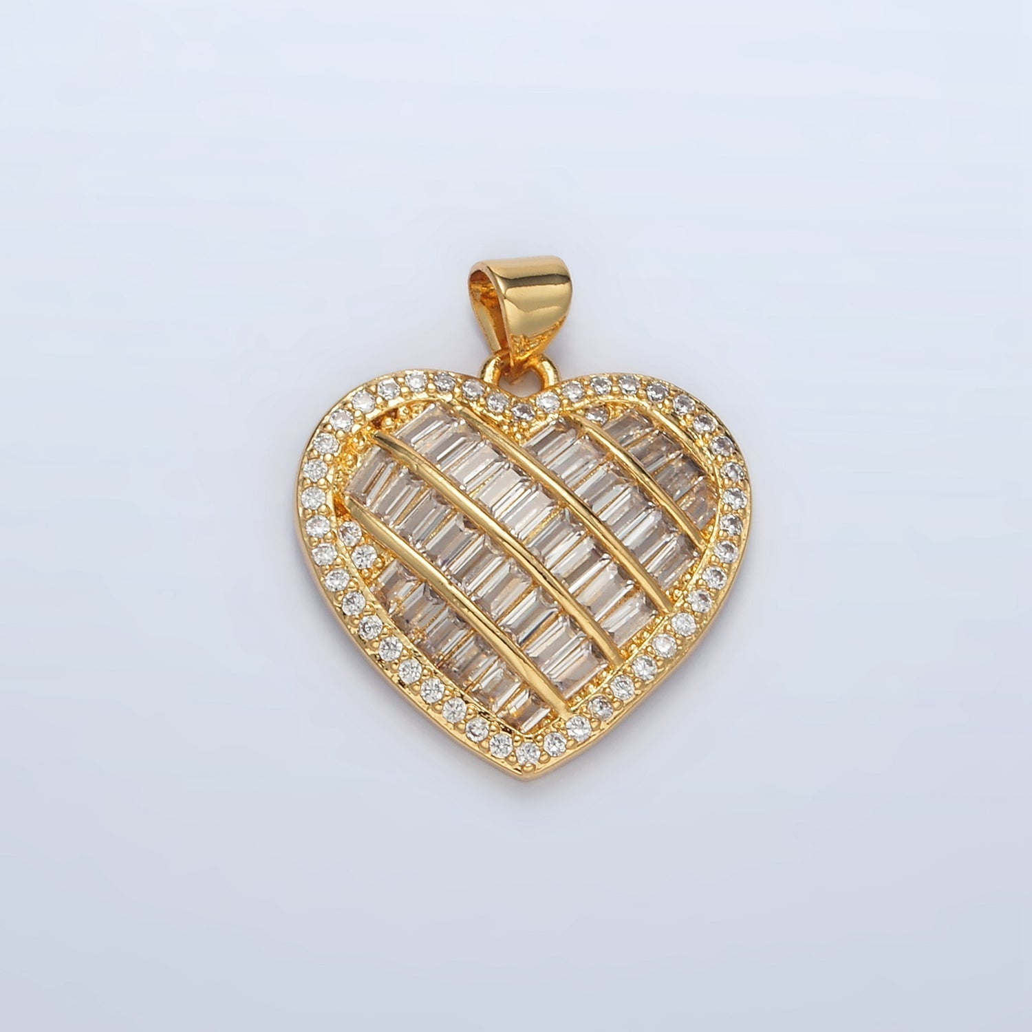 24K Gold plated 25mm Baguette Micro Paved CZ Lined Heart Pendant | I459