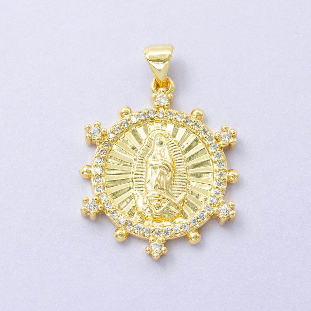 14K Gold plated Mother Mary Lady Guadalupe Sunburst Micro Paved CZ Dotted Outline Pendant |  I-775