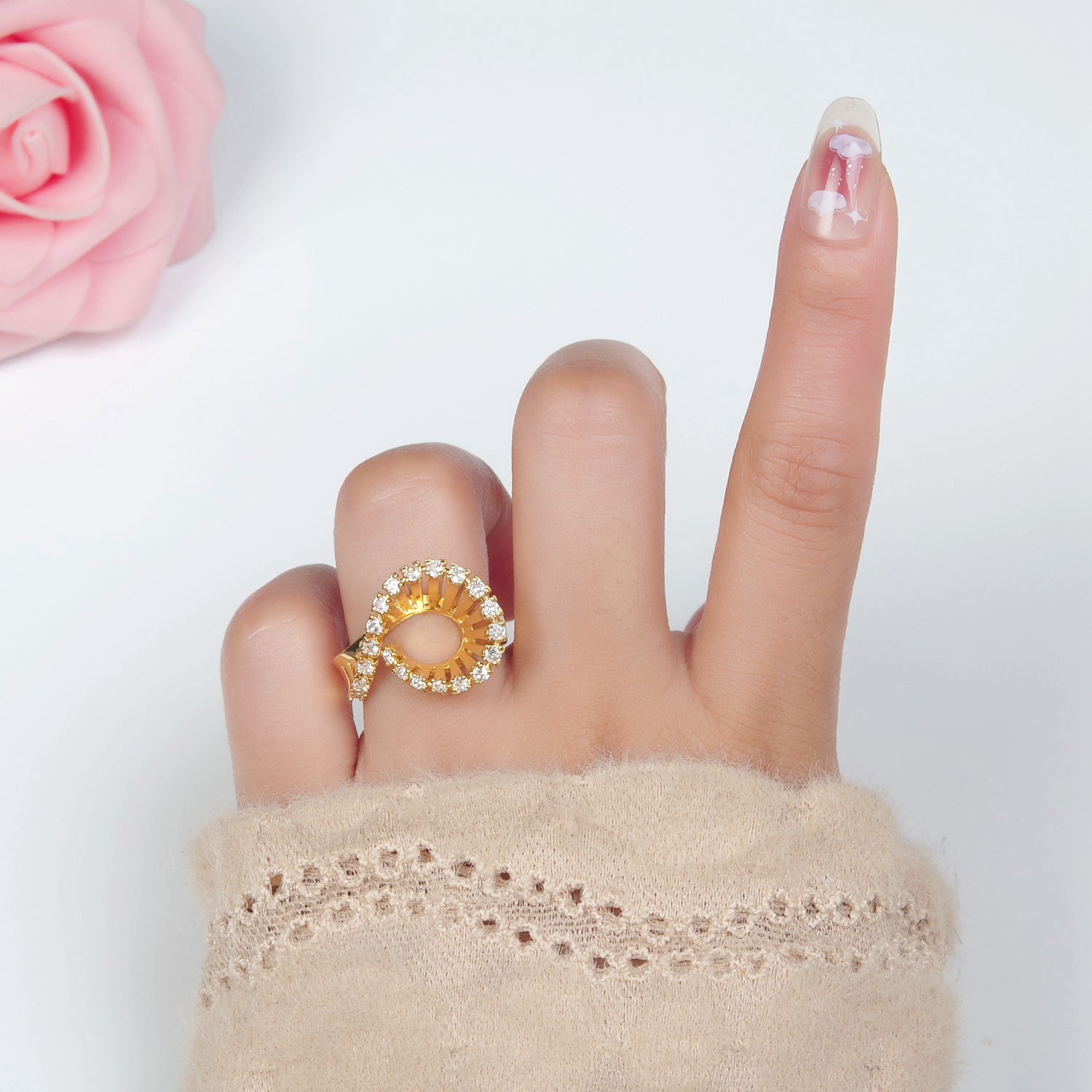 24K Gold plated Micro Paved CZ Curved Filigree Geometric Ring | O1397