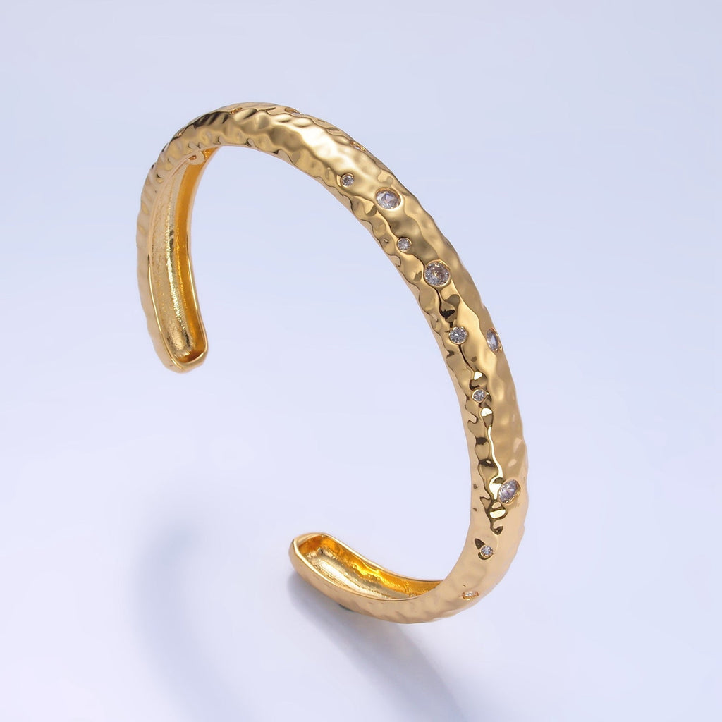 24K Gold plated CZ Dotted Hammered Cuff Bracelet | WA-2659