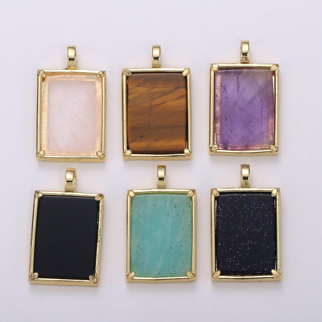14K Gold plated 25mm Amethyst, Aquamarine, Onyx, Rose Quartz, Lapis Lazuli, Tiger Eye Gemstone Rectangle Bezel Pendant | I785 - I790