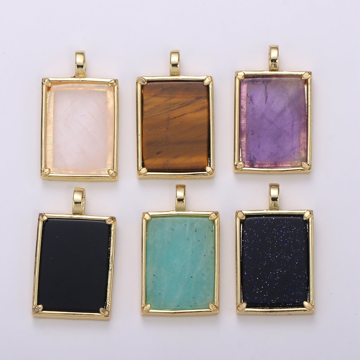 14K Gold plated 25mm Amethyst, Aquamarine, Onyx, Rose Quartz, Lapis Lazuli, Tiger Eye Gemstone Rectangle Bezel Pendant | I785 - I790