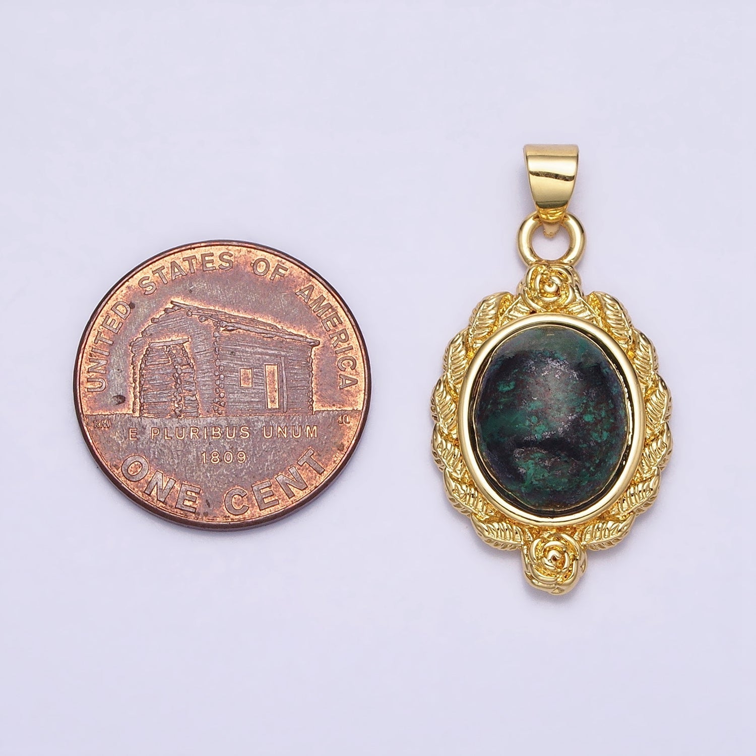 24K Gold plated 29mm Lapis Lazuli, Malachite, Moss Agate Cabochon Gemstone Leaf Rose Bezel Pendant | AA286 - AA288
