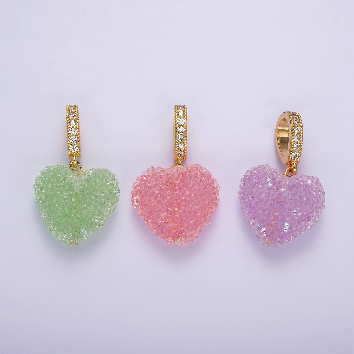 14K Gold plated Green, Pink, Purple Puffed Heart Micro Paved Bail Pendant | N1977 - N1979