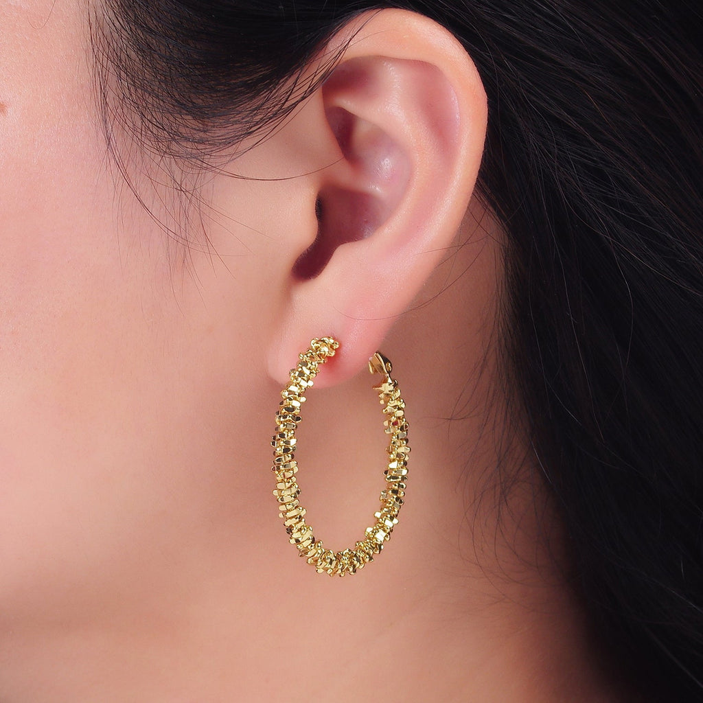 18K Gold plated 40mm Geomatic Edged Bead Hinge Hoop Earrings | V263