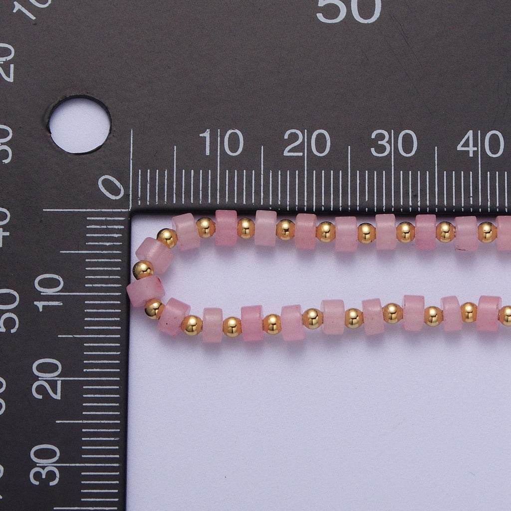 14K Gold plated Rose Quartz Rondelle Gemstone Bead 15.5 Inch Choker Necklace | WA-01430