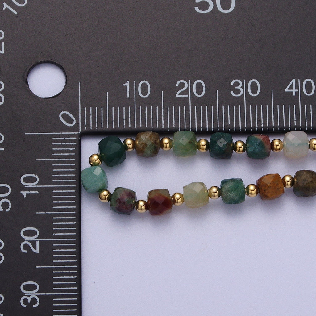 15.5 Inch Natural Moss Agate Multifaceted Cube Gemstone w. Gold Bead Choker Necklace | WA-1423 - DLUXCA