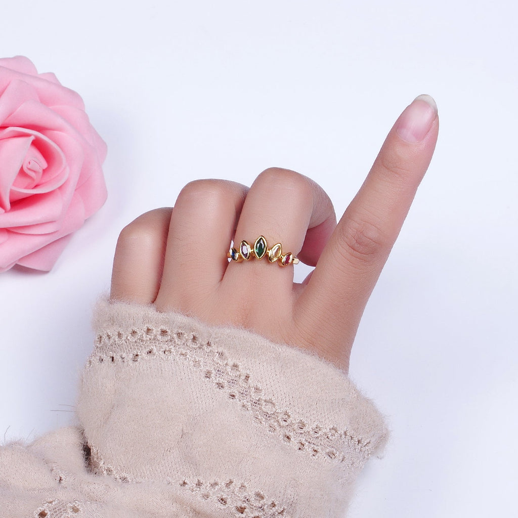 Gold plated Rainbow Multicolor Marquise CZ Adjustable Ring | Y454 - DLUXCA
