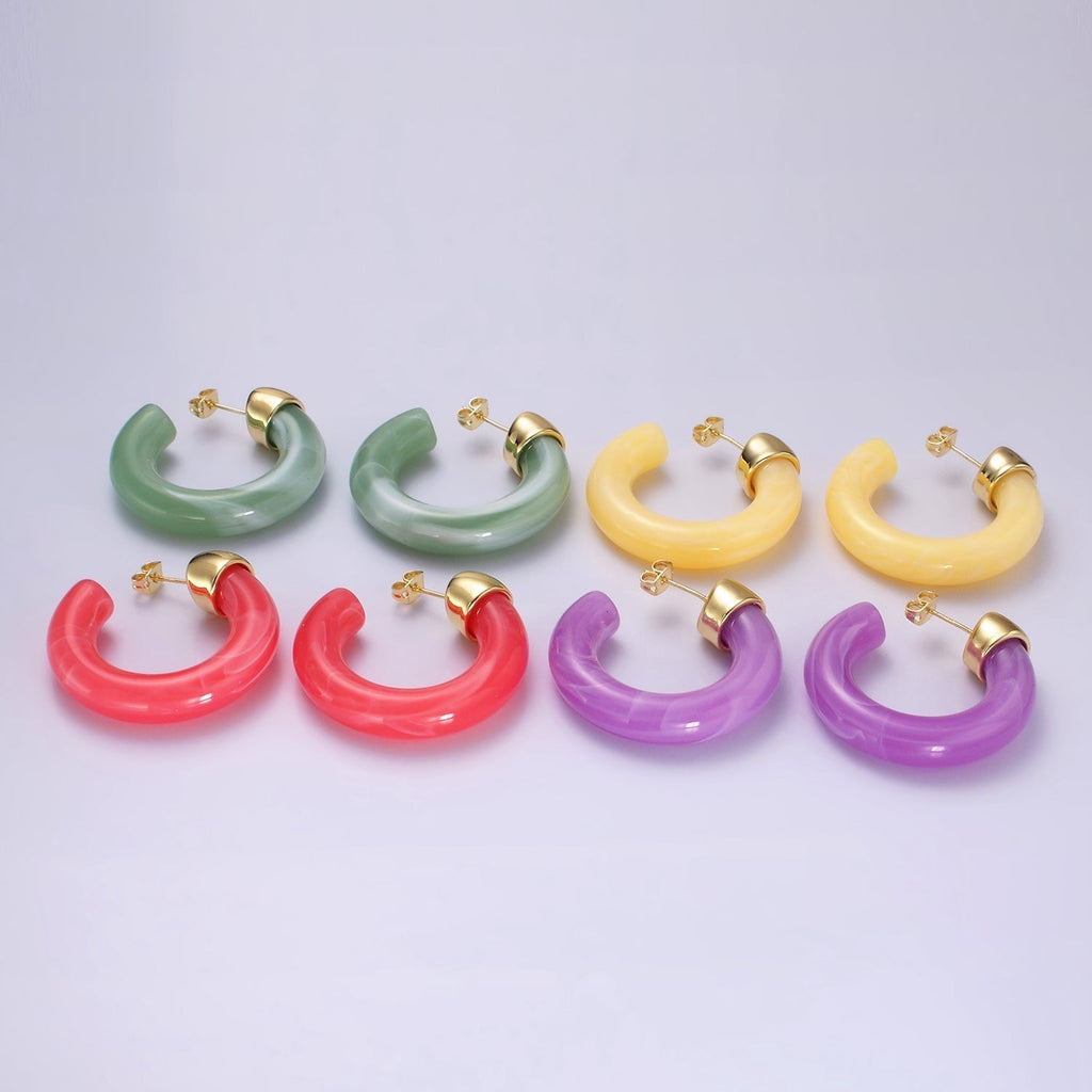 14K Gold plated 35mm Yellow, Green, Pink, Purple, Clear Resin C-Shaped Hoop Earrings | AE189 - AE192 P082