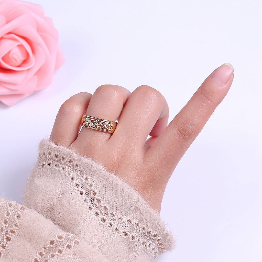 Dainty Art Deco Ring Flower Carved Design 18k Gold plated Open Adjustable Ring V-226 - DLUXCA