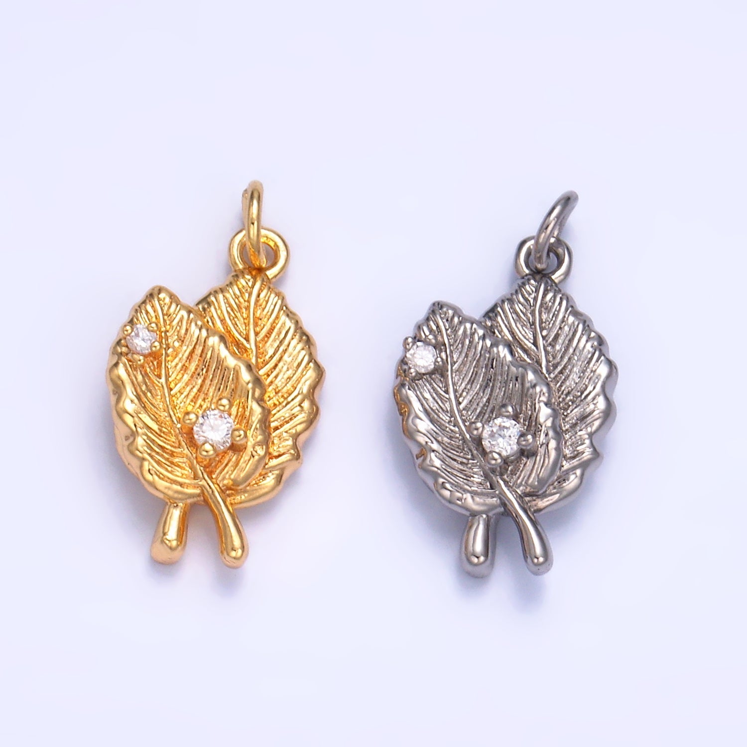 24K Gold plated Leaf Nature CZ Multidimensional 3D Charm in Gold & Silver | W794