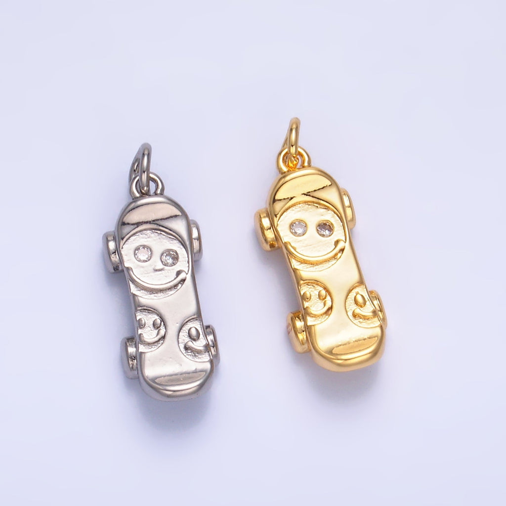 24K Gold plated CZ Smiley Face Skateboard Charm in Gold & Silver | W792