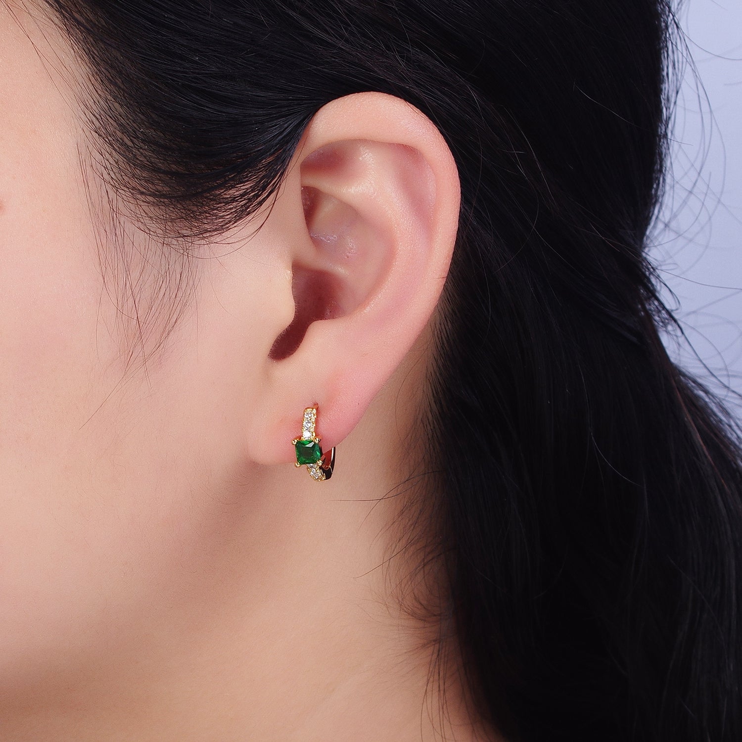 16K Gold plated Emerald Green Square CZ Micro Paved Cartilage Huggie Earrings in Gold & Silver | AB815 AB657