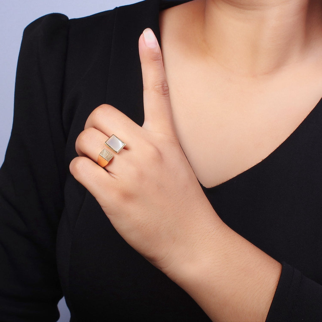 16K Gold plated Double Square Rectangular Textured Pearl Ring O-240