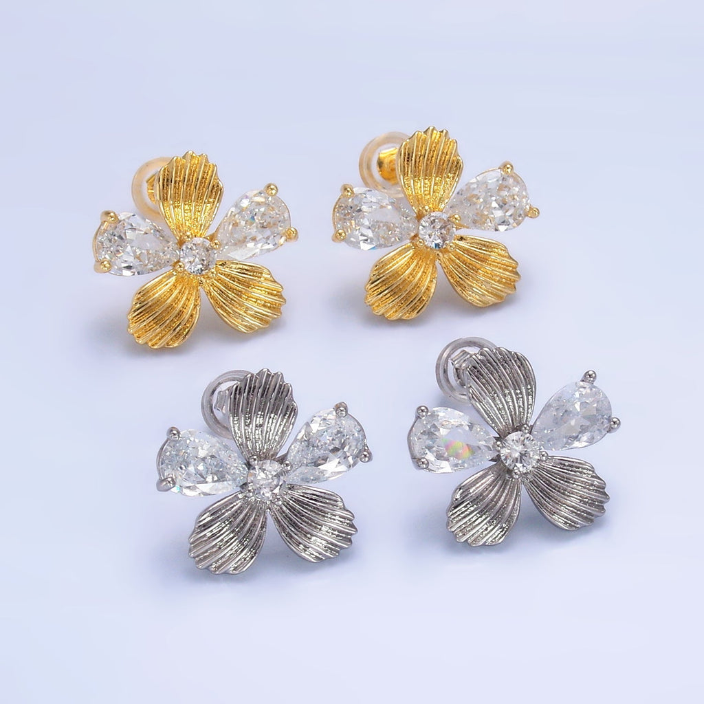 24K Gold plated Clear CZ Textured Flower Stud Earrings in Gold & Silver | AB722 AB723