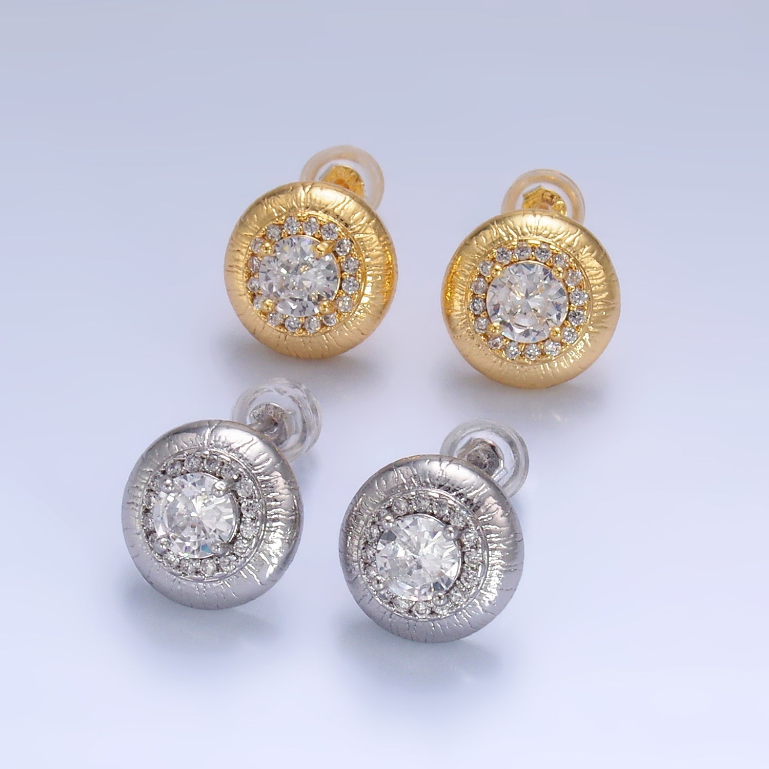24K Gold plated Clear CZ Micro Paved Round Stud Earrings in Gold & Silver | AB977 AB978